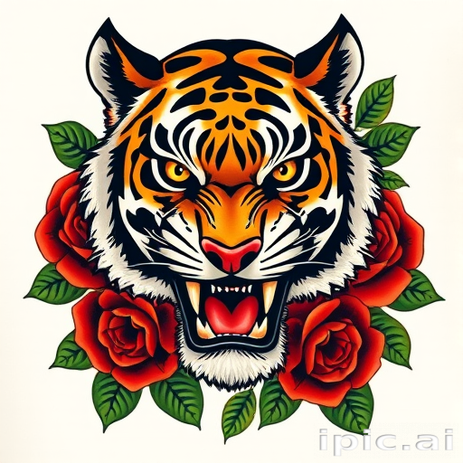 Bold traditional American tattoo of a fierce tiger head with vibrant yellow eyes, surrounded by red roses and green leaves, utilizing thick outlines and solid color fills for a classic, timeless appearance