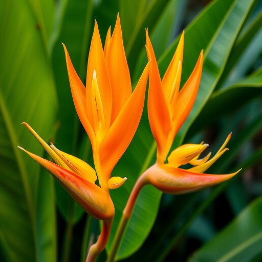 macro shot of exotic orange and yellow heliconia flowers with lush green leaves in the background, aperture f/2.8, ISO 100, shutter speed 1/250 sec, 50mm lens, natural light, DSLR camera.