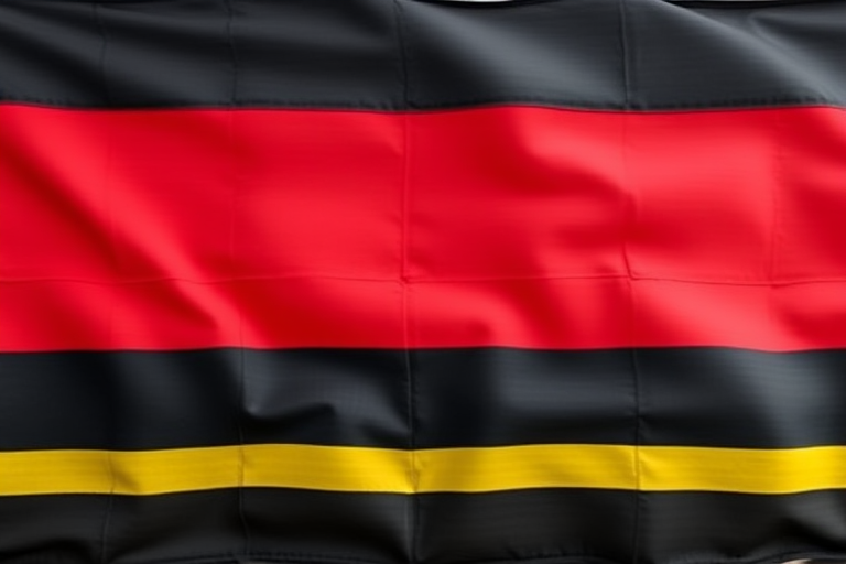 Create an artistic representation of the German flag with bold black, red, and gold horizontal stripes, captured with a Canon EOS R5, using a 35mm lens, f/8 aperture, ISO 100, and natural lighting for a vibrant texture and enhanced color depth.