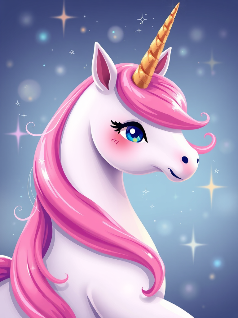 Create an illustration of a whimsical unicorn with a pink mane and tail, sparkling details, viewed from a slight side angle, using a digital camera with a 50mm lens, f/2.8 aperture, and high dynamic range settings to enhance colors and contrast.