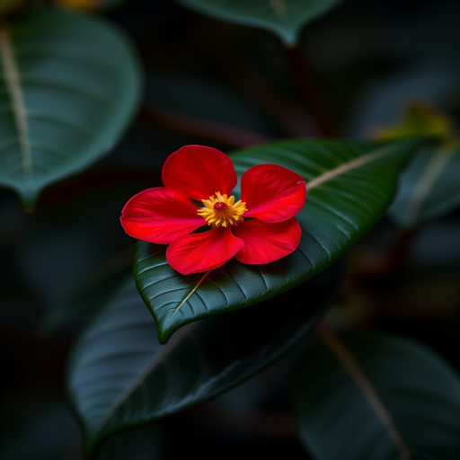 Create a macro photograph of a single vibrant red camellia flower on a dark green leaf backdrop, with a shallow depth of field, using a DSLR camera, 85mm lens, f/2.8 aperture, ISO 200, and natural soft lighting.