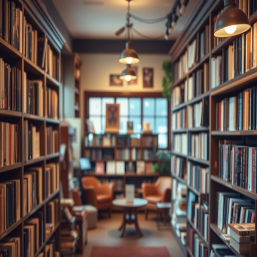 Soft-focus image of a charming bookstore with shelves filled with books, soft light illuminating cozy reading nooks and a welcoming atmosphere.
