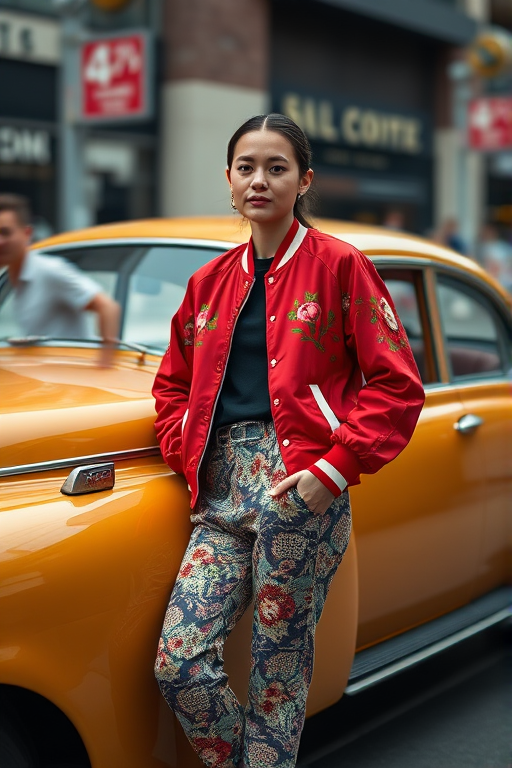 Capture a street style portrait of a person wearing a vibrant red floral bomber jacket and patterned pants, leaning casually against a vintage gold car in an urban setting, using a Canon EOS R5 with a 50mm f/1.2 lens, aperture at f/1.8, ISO 100, and a shallow depth of field for soft background blur.