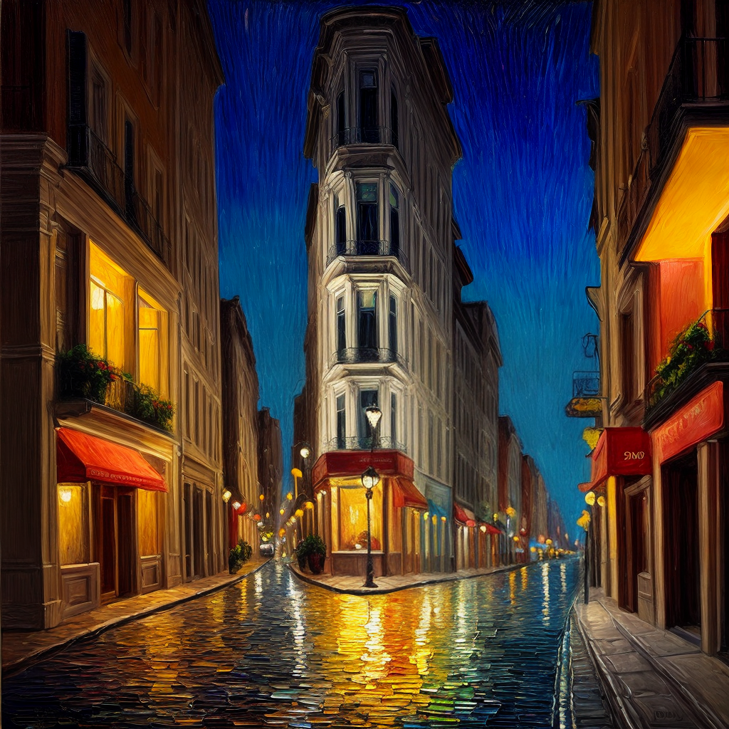 Paint me an oil painting of a street at night with the lights behind ...