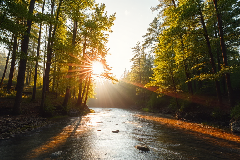 Create an image of a serene, sunlit forest scene with a clear, gently flowing river. Tall trees with lush green foliage line both sides of the river, their leaves bathed in the warm golden light of the setting or rising sun. The sunlight filters through the trees, casting soft, dappled light on the river, which flows over smooth rocks and pebbles, creating a peaceful, natural atmosphere. The sky is bright with a few scattered clouds, and the overall mood is tranquil, evoking a deep sense of connection with nature. The image captures the beauty of a calm, pristine forest landscape at either dawn or dusk.