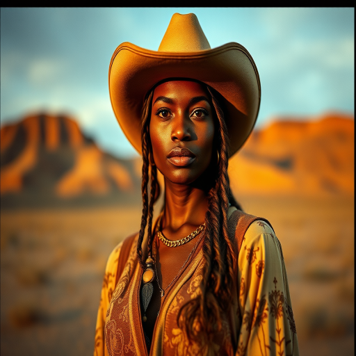 Dramatic photo of a beautiful Fijian woman, classic cowboy attire, confident and free spirit expression, half-length portrait, centered, golden hour desert landscape, warm, diffused light, low angle, medium format film camera, in style of Annie Leibovitz.