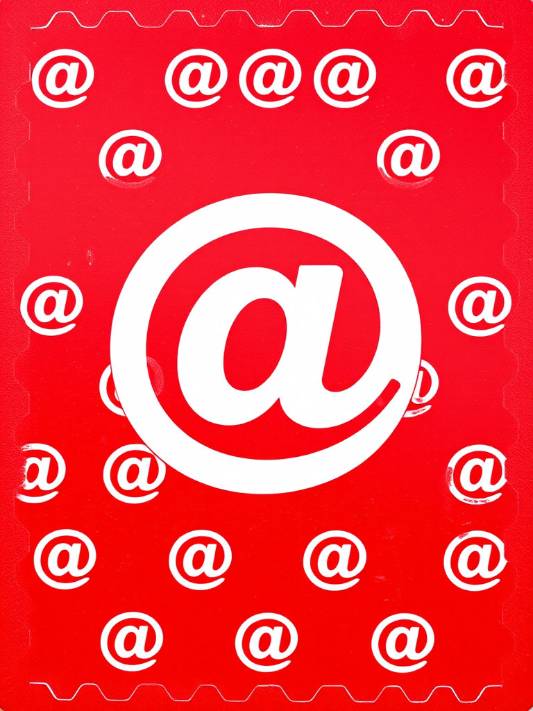 Create a vibrant red stamp design featuring a large white "@" symbol centered over a repeating pattern of smaller "@" symbols, captured with a DSLR camera, 50mm lens, f/2.8 aperture, ISO 100, in natural lighting for enhanced clarity and depth.