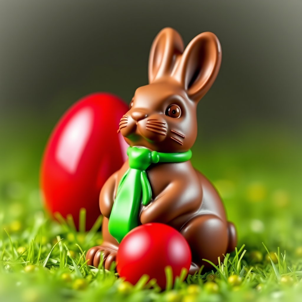 Create a 3D illustration of a chocolate Easter bunny wearing a green tie and sitting beside a shiny red egg, shot in a macro view with a DSLR camera at f/2.8 aperture, ISO 100, and a shutter speed of 1/60 sec, using a soft lighting setup to enhance colors and details.