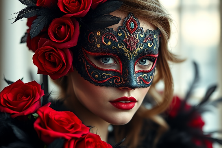 portrait of a woman wearing an ornate black and red masquerade mask with intricate details, surrounded by vivid red roses and dark feathers, soft focused background, taken with a Canon EOS R5, 85mm f/1.2 lens, aperture f/1.2, ISO 100, natural light with gentle highlights to enhance depth and texture