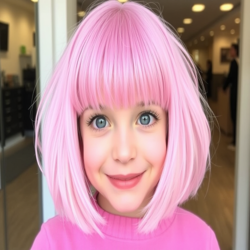Playful bubblegum pink bob with blunt bangs and subtle lilac highlights, creating a whimsical and youthful appearance in the charming "Cotton Candy Dream" cut