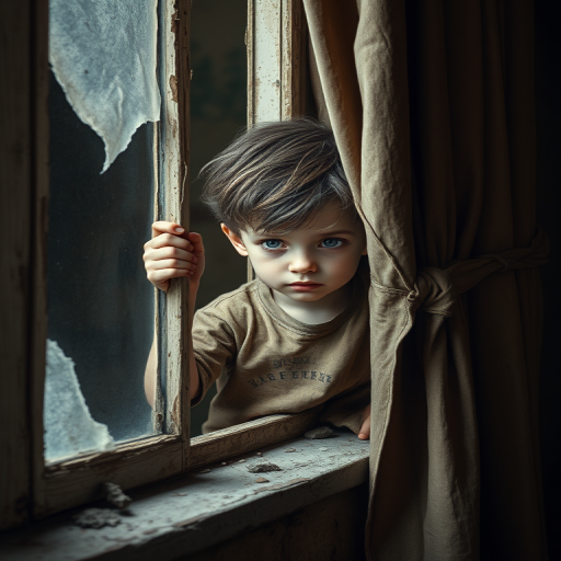 small dishevelled boy, in dirty torn dugaree, peeking fearfully out of the window, holding back the old torn curtains.. He is in a bare rundown room. He has a pale complexion, he is lonely and sad. The piece has a brooding sense of sinister, poverty and dirt, is in a palate of browns, greys, dirty cream. digital artwork