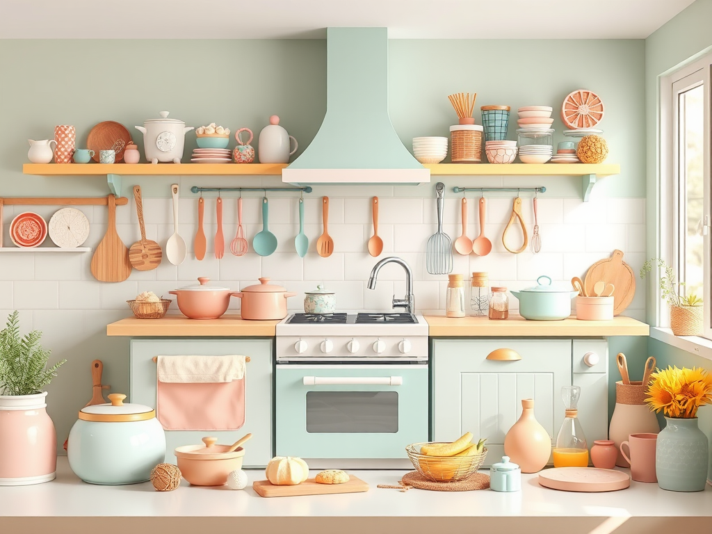 create a vibrant, high-resolution flat lay image of a whimsical kitchen scene featuring illustrated kitchen utensils, bakeware, and ingredients, using a 50mm lens, f/2.8 aperture, ISO 100, with soft natural lighting from a window, emphasizing pastel colors and playful design elements in a clean composition