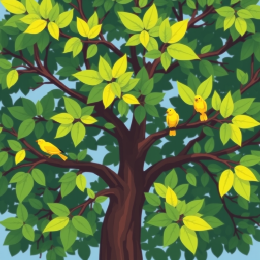 Create a vibrant digital illustration of a stylized tree with lush green leaves and small yellow birds perched on branches, using a high-resolution camera at f/8 aperture, 50mm lens, natural lighting, and a top-down view to enhance image clarity and detail.