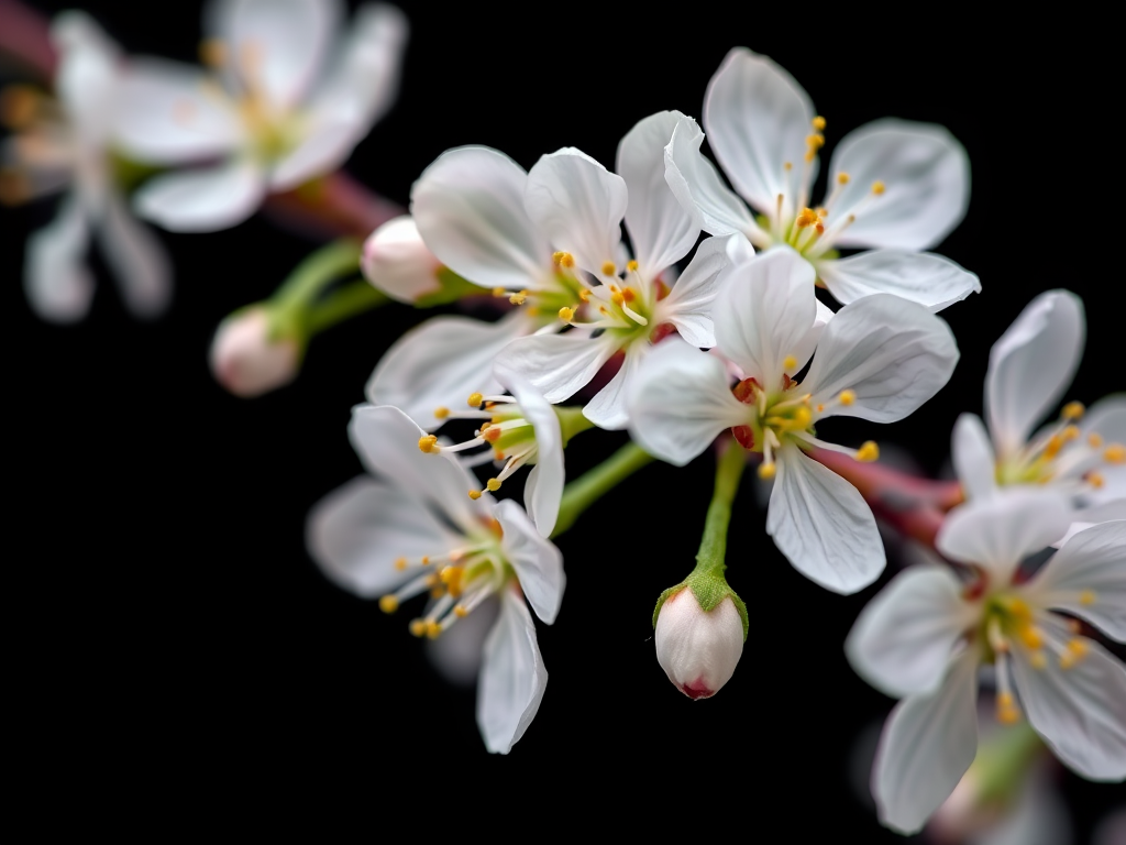 Capture a close-up of a blooming cherry blossom branch with white flowers and yellow stamens against a black background, using a macro lens with an aperture of f/2.8, ISO 100, shutter speed of 1/200 seconds, and a Canon DSLR camera to enhance image clarity and detail.