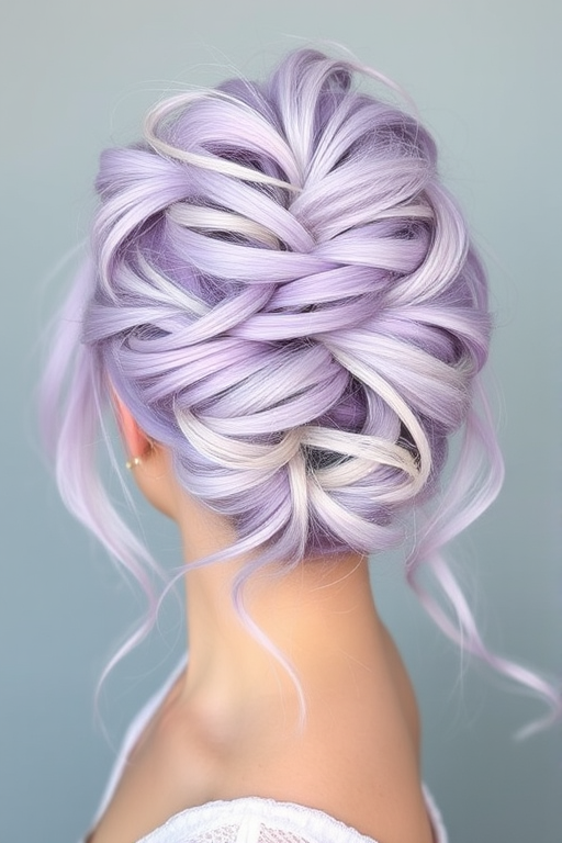 Pastel lavender locks styled in a messy updo with wispy tendrils, the Whimsical Whisper style embodies ethereal charm and dreamy softness, ideal for a fairy-tale inspired look