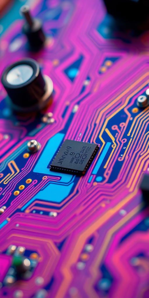 create a highly detailed close-up of a colorful circuit board with intricate patterns and components, using a Canon EOS 5D Mark IV camera, aperture set to f/8, ISO 100, with a macro lens to enhance texture and depth, shot in natural light for dynamic contrast and vibrancy