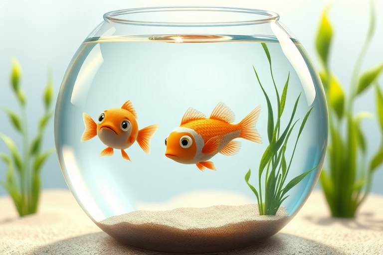 Create an illustration of a round fishbowl with two cartoon fish swimming in clear water, green aquatic plants, and sandy bottom, captured in high resolution with a 35mm lens, f/2.8 aperture, soft natural lighting, and a slight depth of field effect to enhance the focus on the fish.