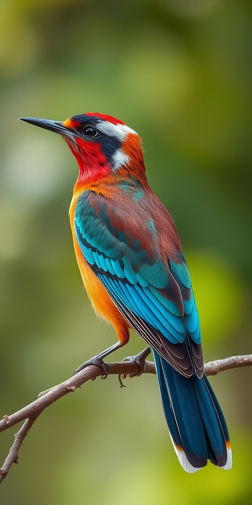 Create a highly detailed illustration of a bird with a prominent tail and vibrant colors, using a DSLR camera with a 50mm lens, aperture set to f/1.8, shutter speed at 1/250s, ISO 200, in natural light to capture intricate textures and vivid colors against a soft-focus background.