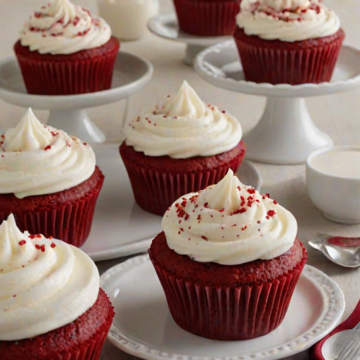 Generate an image of red velvet cupcakes with creamy white frosting. Some cupcakes should be whole, while one is partially eaten, showing the rich red interior. The setting should be light and inviting, with a soft background to emphasize the cupcakes.