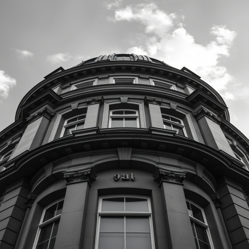 high-angle view of a classical architectural building with rounded roof, black and white, ISO 100, aperture f/8, shutter speed 1/250s, DSLR camera, wide-angle lens, clear skies and dramatic clouds