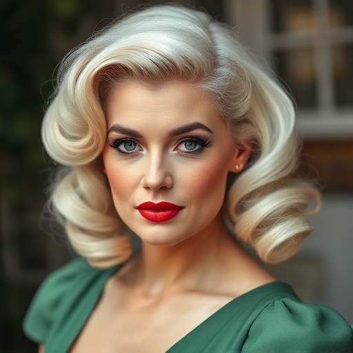 Create a vintage-style portrait of a glamorous woman with platinum blonde hair styled in soft curls wearing a green dress, using a DSLR camera at f/2.8, ISO 100, 50mm lens, natural lighting, shallow depth of field, and soft focus background to enhance image quality.