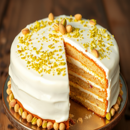 A delicious round cake with multiple layers visible inside topped with a smooth white frosting and sprinkled with crushed pistachios, some whole pistachios around the edge, and a slice removed revealing the layered interior.