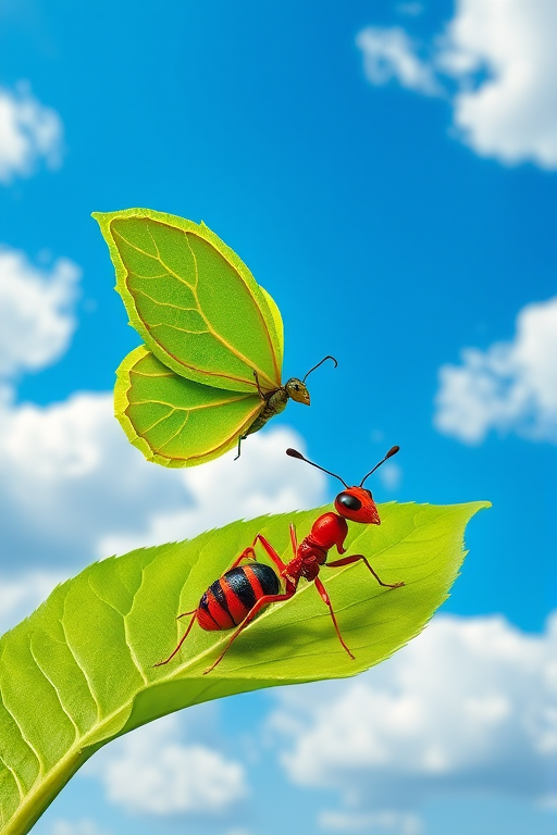 Create an illustration of a cheerful butterfly made of leaves flying above an excited ant celebrating on a green leaf, with a blue sky and fluffy clouds in the background, with vibrant colors and playful details, shot with a DSLR camera at f/8 aperture, ISO 100, 50mm lens, and a slightly angled aerial view to enhance clarity and depth.
