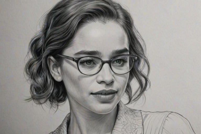 Comely Emilia Clarke, pencil sketch, portrait of Gorgeous woman 1935s in glasses, hair style beatnik, outline, clear lines, fine lines, 8k