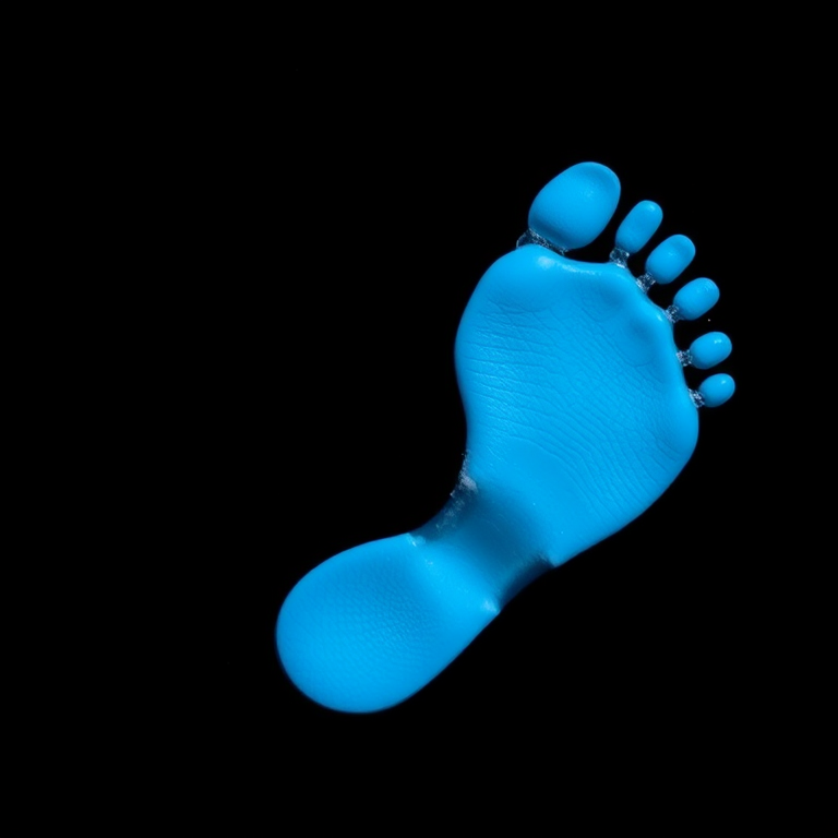 Create a high-resolution image of a blue footprint on a black background, using a Canon EOS 5D Mark IV, aperture f/4, focal length 50mm, ISO 100, with a shallow depth of field and soft lighting to enhance the colors and details.