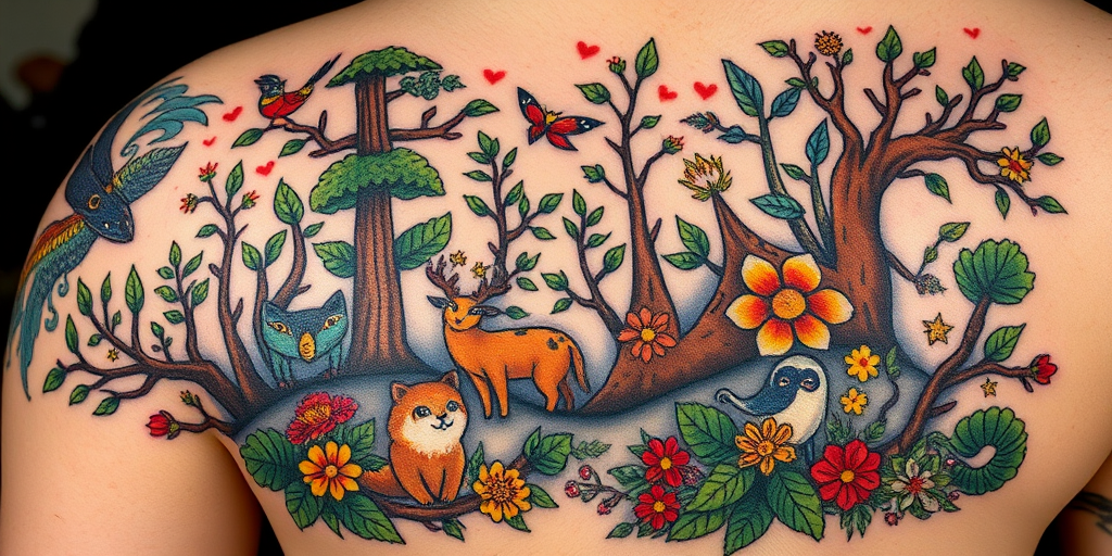 Neo-traditional tattoo called "Woodland Reverie" showcasing a whimsical forest scene with stylized animals flowers and mystical creatures interwoven in a dreamlike landscape using a rich color palette of deep greens earthy browns and pops of bright yellow and red with bold black outlines and subtle gradients creating a fairytale-like atmosphere on the skin