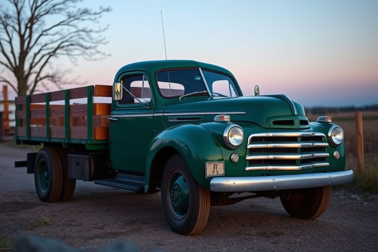 A vintage green truck with a wooden flatbed, photographed at dawn under soft natural light, using a DSLR camera with a 50mm lens, aperture set to f/2.8 for shallow depth of field, ISO 100 for minimal noise, and a slight vignette effect for enhanced focus on the truck.