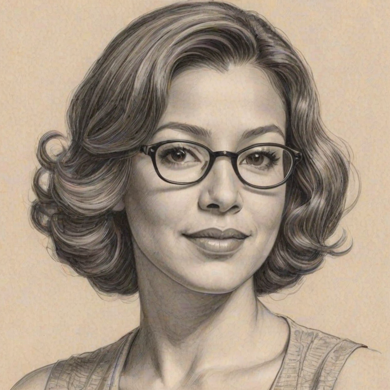 Appealing Justina Machado, pencil sketch, portrait of Alluring woman 1927s in glasses, hair style beatnik, outline, clear lines, fine lines, 8k