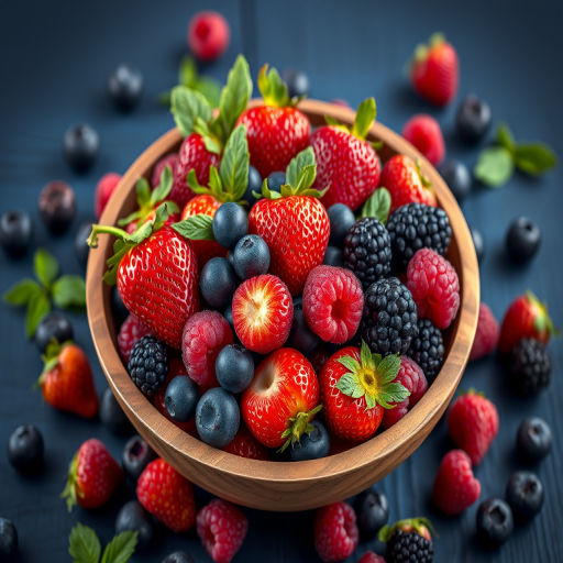 A wooden bowl filled with a vibrant assortment of fresh strawberries, blueberries, raspberries, and blackberries, surrounded by scattered berries on a dark blue wooden surface, shot with a Canon EOS R5, 50mm lens, f/2.8 aperture, ISO 100, natural lighting for rich colors and depth.