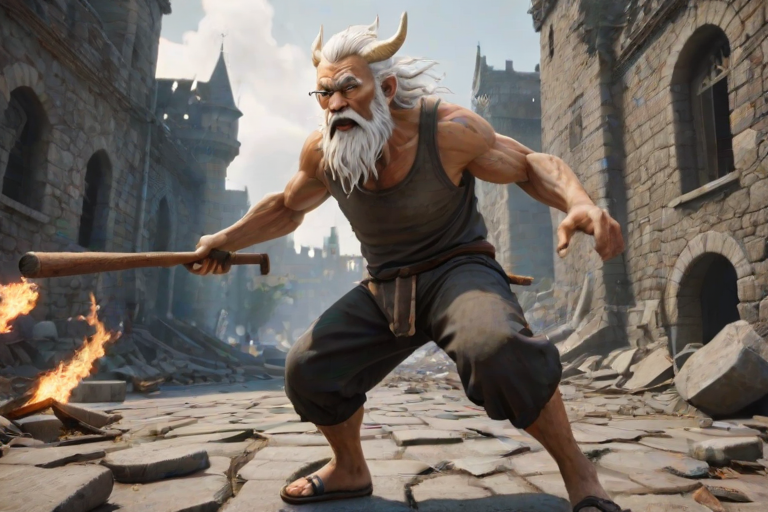 Cartoon 3D High-Resolution,dynamic battle scene using Unreal Engine 5 and Octane Render. The scene features back of an elderly, thai man with a beard,messy hair and round golden-rimmed glasses. He is wearing a tattered tank top with soot marks, shorts, and sandals. sweating. he wields a baseball bat. He jump to fight with a white fire-breathing Europe dragon amidst a partially destroyed stone castle. Include intense flames, smoke, and debris to enhance the dramatic effect.