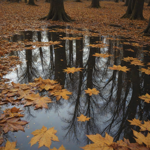 trees reflecting in a puddle of water mirror of trees, a cloudy sky with golden light, low grip, autumn atmosphere, dead leaves in the puddle, 4k