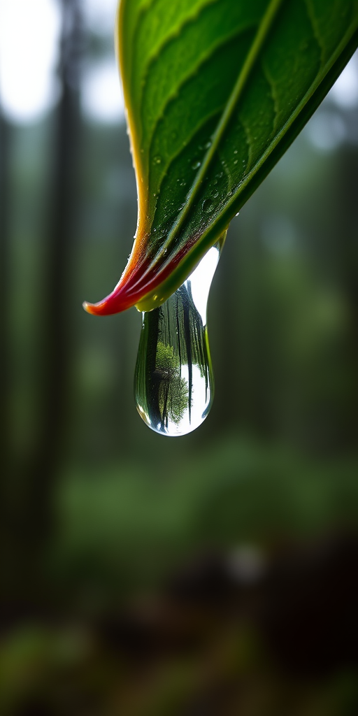 Sharp, detailed close-up of a single raindrop clinging to the tip of a leaf, tiny reflections of a distant forest visible in the droplet, with soft natural light creating a peaceful ambiance.