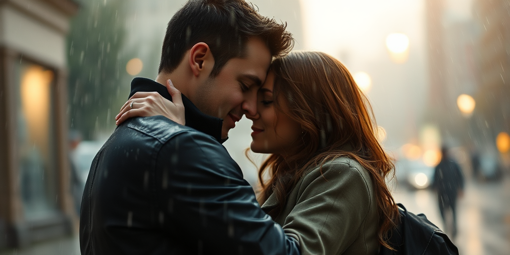 regenerate a romantic scene of a couple embracing in the rain, soft focus, dramatic lighting, depth of field, camera settings: ISO 200, f/2.8, shutter speed 1/100 sec, camera view: close-up, camera style: cinematic, camera type: digital DSLR