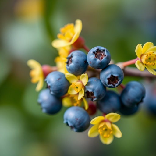 macro shot of blue berries and yellow flowers on a branch with a blurred green background, aperture f/2.8, shutter speed 1/200s, ISO 100, 100mm lens, Canon DSLR, soft focus style, natural light