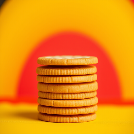 Create a close-up, high-resolution image of a stack of round crackers with a smooth texture, using a Canon EOS R5 camera, 50mm lens, aperture f/2.8, ISO 100, natural lighting, captured from a 45-degree angle against a vibrant gradient background of black, yellow, and red.