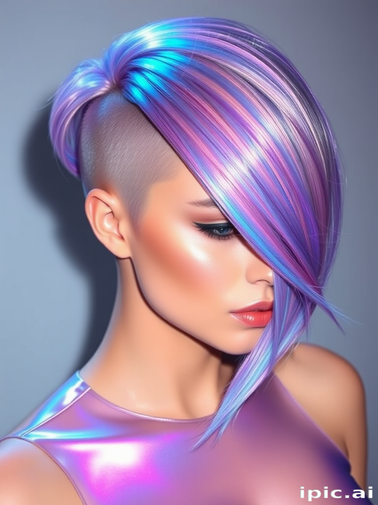 Shimmering holographic hair styled in a futuristic asymmetrical cut with sharp angles and smooth curves, radiating otherworldly beauty called Iridescent Nebula