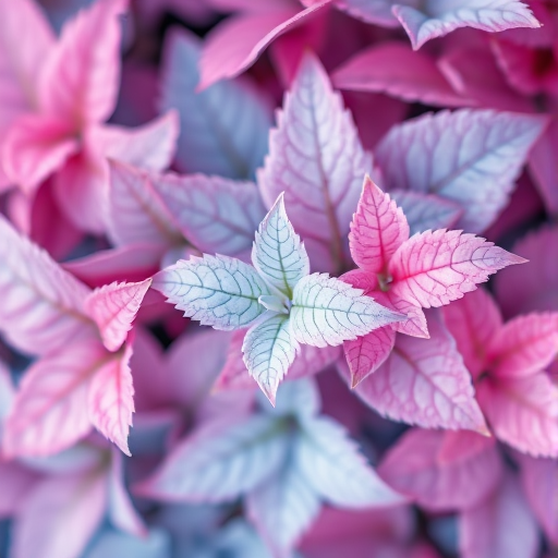 A vibrant arrangement of pastel-colored leaves in shades of pink, blue, and lavender, macro shot with a shallow depth of field, aperture f/2.8, 50mm lens, using a DSLR camera.