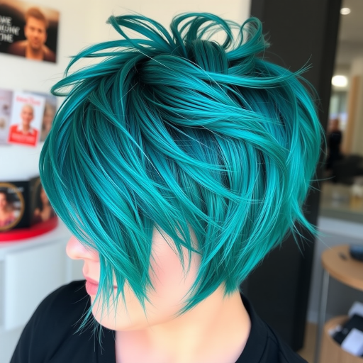 Stunning pixie cut with vibrant teal highlights, textured layers creating a messy yet chic look, emphasizing facial features and showcasing a bold personality
