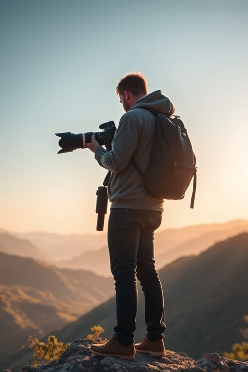 Capture a photographer standing on a mountain overlook with a camera, surrounded by lush green mountains under a soft golden hour light, using a DSLR camera with a 35mm lens, aperture f/4, ISO 100, and a slightly elevated angle to emphasize the landscape.