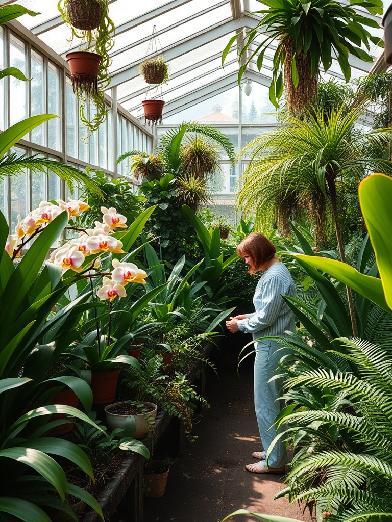 Greenhouse filled with tropical plants, a woman tends to orchids and ferns, the air warm and humid, with sunlight streaming through the glass panes.