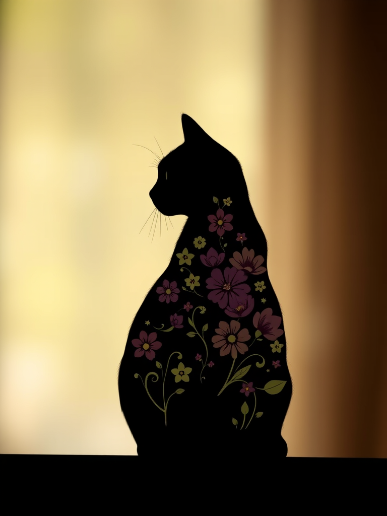 Create a silhouette of a cat adorned with floral designs, using a Canon EOS 5D Mark IV camera, ISO 100, aperture f/4, shutter speed 1/200s, taken from a side view with a soft focus background for enhanced image quality.