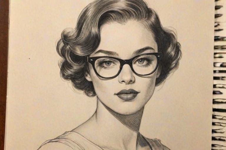 Lovely Ashley Moore, pencil sketch, portrait of Alluring woman 1920s in glasses, hair style beatnik, outline, clear lines, fine lines, 8k