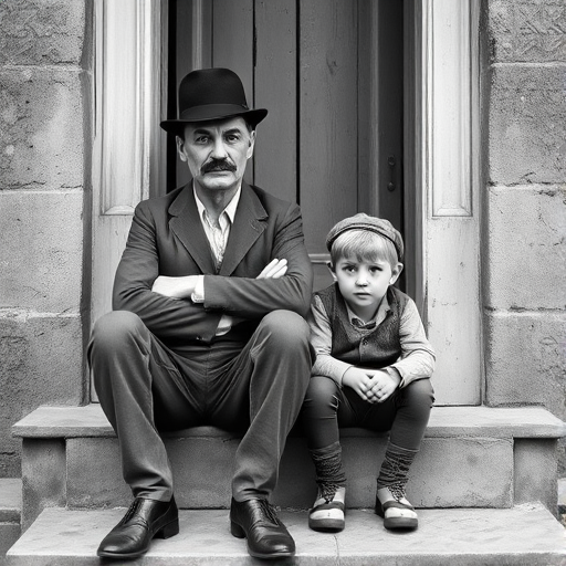 A black-and-white photograph of a man and a child sitting on steps in front of a doorway. The man is dressed as a tramp with a bowler hat, mustache, and ragged clothes, reminiscent of Charlie Chaplin's iconic look. He is sitting with his arms crossed and an expression of slight sadness or frustration. Next to him is a young boy, also in worn clothes and a cap, sitting with his hands clasped, looking thoughtful. The background is an old, textured wall and a partially open door, creating a vintage, early 20th-century atmosphere.