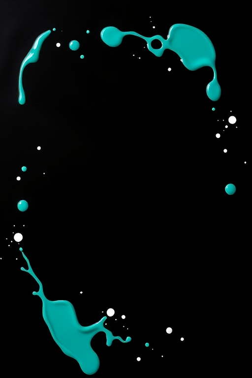 create a vibrant and dynamic image of a black background adorned with a whimsical border of teal and white splashes, using a Canon EOS R5 with a 50mm f/1.2 lens, at aperture f/2.8, shutter speed 1/200s, ISO 100, in a high-contrast editorial style.