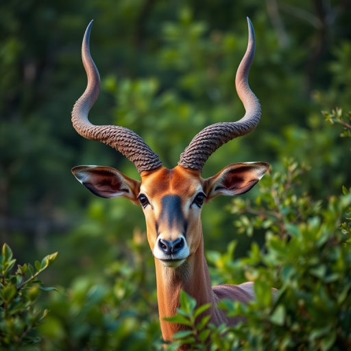 Regenerate the image of a kudu male with prominent twisted horns in a lush green environment, using a Canon EOS 5D Mark IV with a 70-200mm lens, aperture set to f/4, shutter speed of 1/500s, ISO 400, taken from a low angle to emphasize the horns and surrounding foliage.