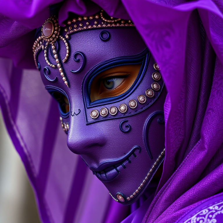 Regenerate a high-resolution image of a masked person in elaborate purple attire, focus on intricate details of the mask and fabric, use a DSLR camera with a 50mm lens, aperture set to f/1.8 for a shallow depth of field, shot from a slightly low angle for dramatic effect, with soft diffused lighting to enhance texture and color vibrancy.
